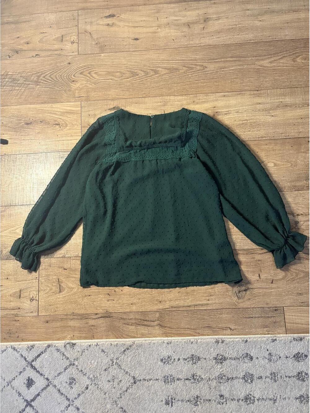 Elegant Dark Green Sheer Blouse with Lace Details - Women's Small